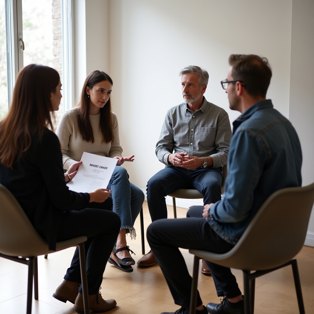 Group of four people in a circle discussion about emotions and decisions