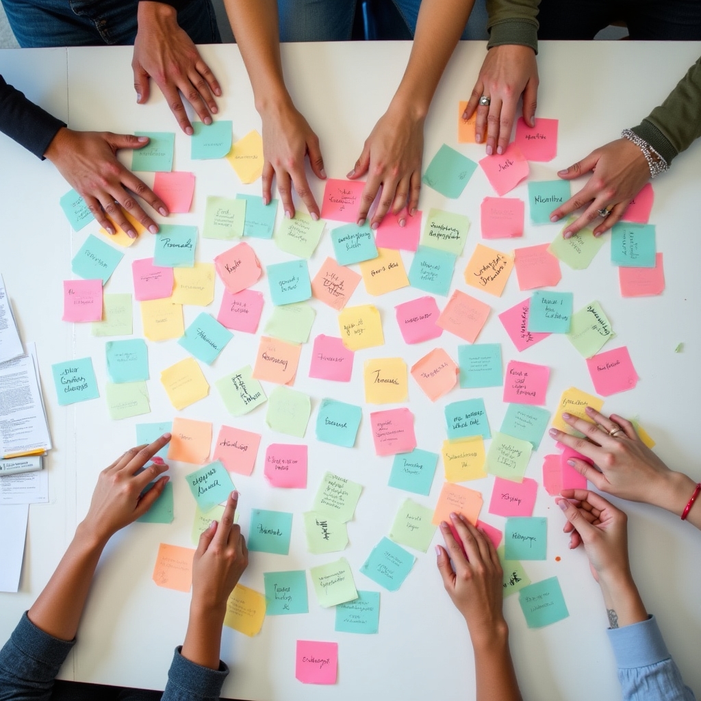 Overhead view of a values-mapping workshop exercise with cards spread on a table and participants' hands visible