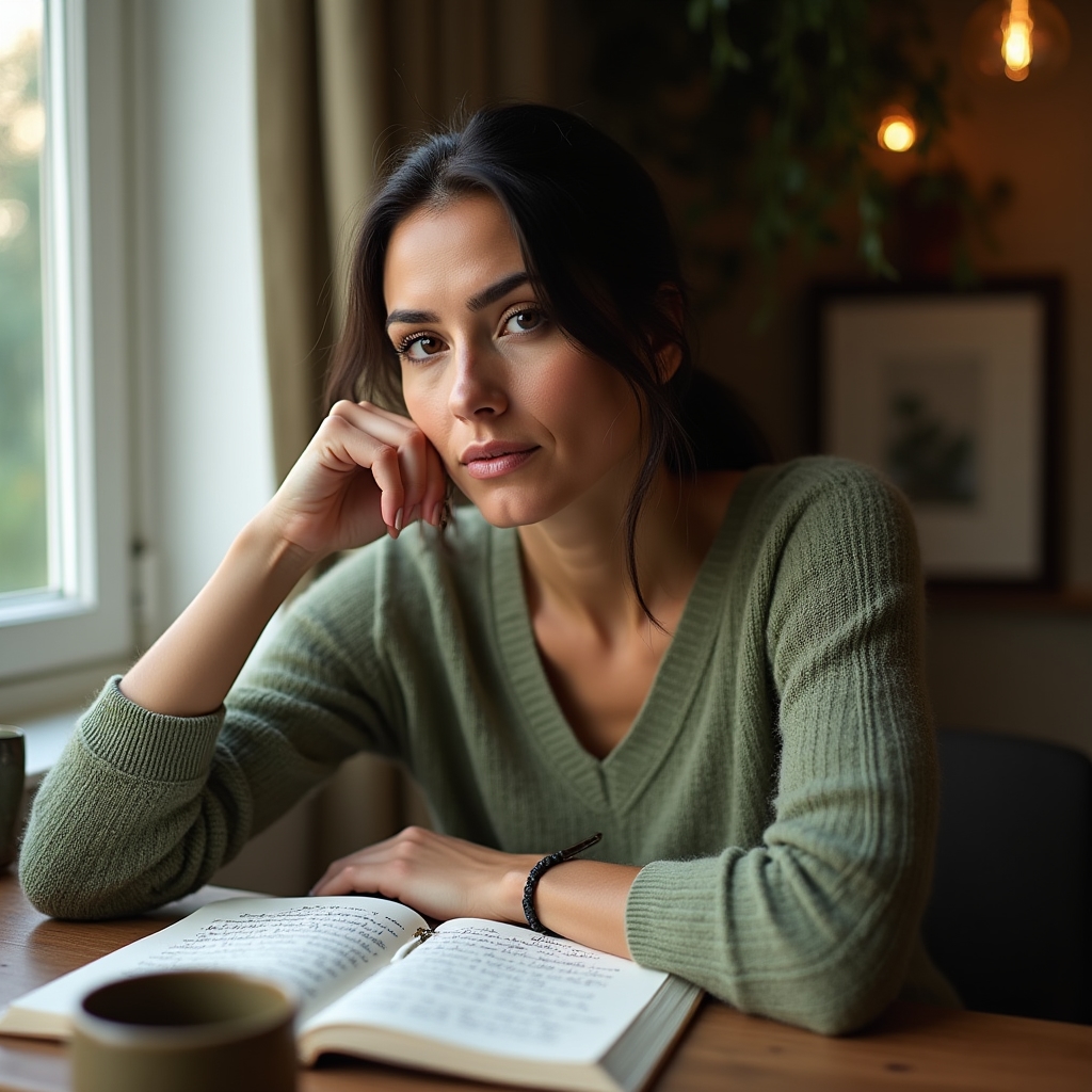 Woman writing in a journal, reflecting on spending habits